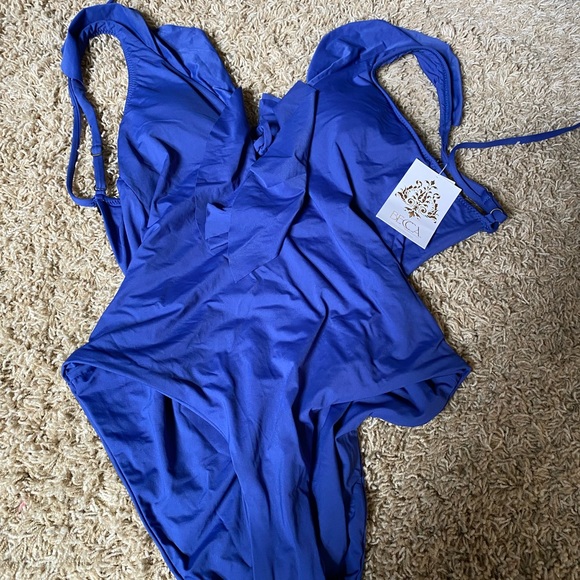 NWT Becca Socialite blue ruffle one piece swimsuit M - Picture 4 of 7